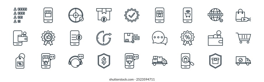 linear online shopping icon pack. vector thin line guarantee, online shopping, target, website, time, cart, dislike, delivery truck icons suitable for apps and websites ui designs