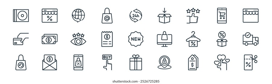 linear online shopping icon pack. vector thin line rate, discount, internet, online shop, invoice, delivery truck, gift, coupon icons suitable for apps and websites ui designs