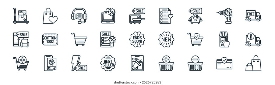 linear online store icon pack. vector thin line credit card, shopping bag, customer service, equipment, wishlist, fast delivery, ad, shopping bag icons suitable for apps and websites ui designs