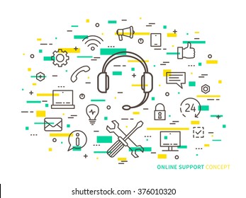 Linear online support (online service, helpdesk, assistance, consultant, online operator) minimal outline vector illustration. Graphic design online support, 24 hour helpline (headphone, headset).