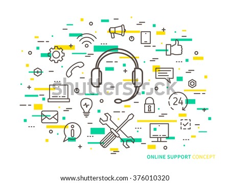 Linear online support (online service, helpdesk, assistance, consultant, online operator) minimal outline vector illustration. Graphic design online support, 24 hour helpline (headphone, headset).
