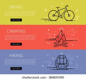 Linear open air web banners vector set. Line bike, campfire, backpack, sun and clouds. Design set of graphic outline banners illustration