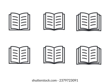 Linear open book with text on pages vector icon set. Copybook with two and three open page.