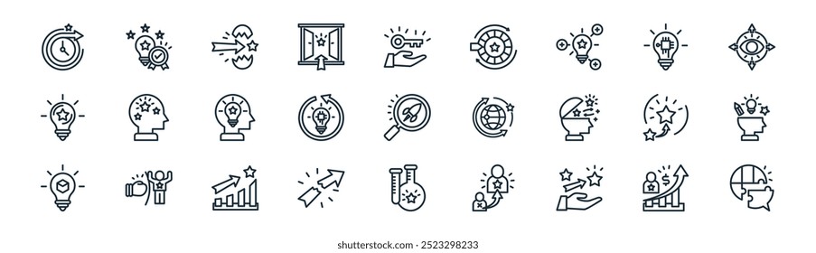 pacote de ícones de oportunidade linear. vetor linha fina empreendedor, originalidade, ovo, invenção, invenções, criatividade, experimento, ícones de adaptabilidade adequados para aplicativos e sites projetos de iu