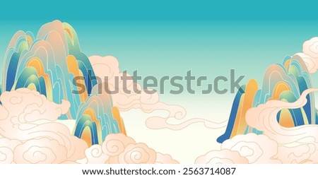 Linear oriental colorful style cloud and mountain abstract