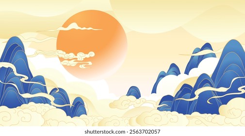 Linear oriental style cloud and mountain sunset abstract