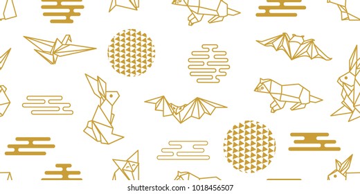 Linear origami animals. Seamless vector pattern with hares, foxes, otters, bats, birds and abstract geometric elements. White and golden print with Japanese and Chinese paper art motifs.