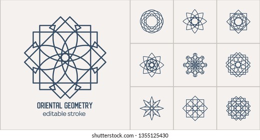 Linear ornamental logo templates set. Vector arabic geometric symbols. Editable stroke for customization and motion design