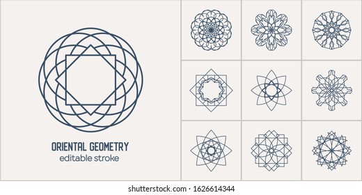 Linear ornamental logo templates set. Vector arabic geometric symbols. Editable stroke for customization and motion design