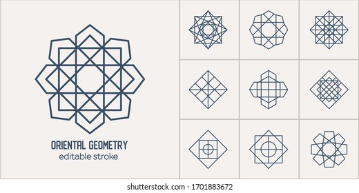 Conjunto de plantillas de logotipo ornamentales lineales. Símbolos geométricos vectoriales arabicos. Trazo editable para personalización y diseño de movimiento