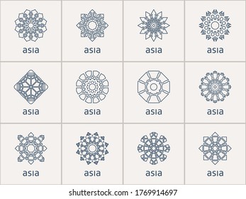 Linear ornamental logo templates set. Vector arabic geometric symbols. Editable stroke