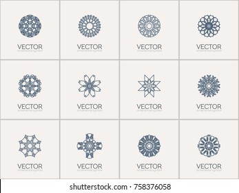 Conjunto de plantillas de logotipo ornamentales lineales. Símbolos geométricos vectoriales