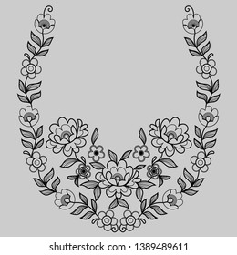 Linear ornamental pattern on light grey background with flowers and leaves.Pattern has a shape of horseshoe.
