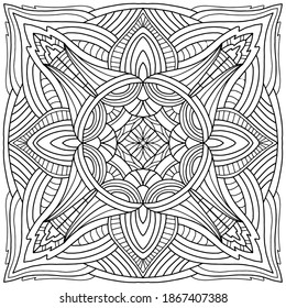 linear ornaments forming a square mandala drawn on a white background for coloring, vector, mandala
