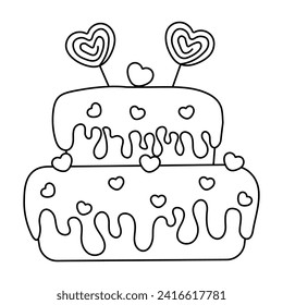 Linear outline of a delicious cake isolated on a transparent background. Coloring page for children. Design of linear art. Soft line. Print it out and bring it to life with color. Vector illustration.