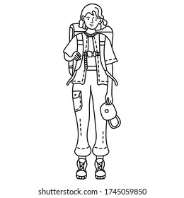 Linear outline drawing doodles. A girl in pants with pockets stands with a backpack behind her back in her cap. Travel, sport, training concept on a white background. Doodle set