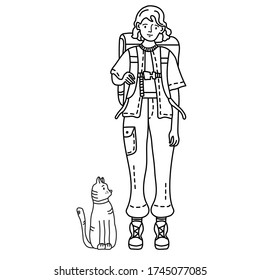 Linear outline drawing doodles tourist girl in trousers and with a backpack behind his back for travel. Sitting next to a cat. Travel concept on a white background. Doodle set