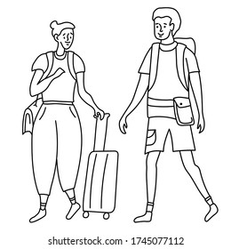 Linear outline drawing girl   guy tourists  She has bag her shoulder   suitcase wheels  He is and backpack behind him  Doodle set 