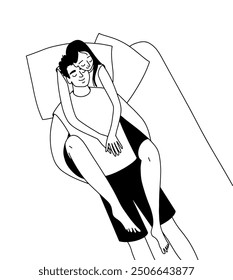 Dibujo de contorno lineal, pareja joven abrazando mientras está acostado en un sofá. Ilustración vectorial