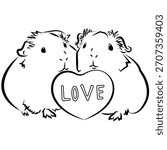 Linear Outline Guinea Pig Couple with LOVE Heart, Coloring Page