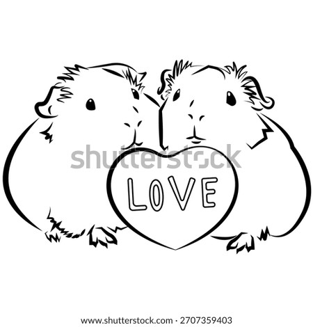 Linear Outline Guinea Pig Couple with LOVE Heart, Coloring Page