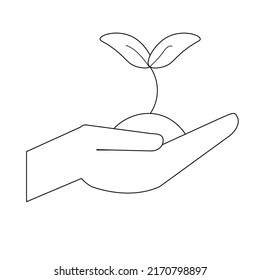 linear outline hand with small plant growing ecology environment icon symbol