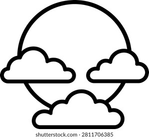 Linear outline icon depicting full moon partially obscured by three distinct fluffy cloud shapes perfect for weather forecast graphics or night sky design elements in clean vector