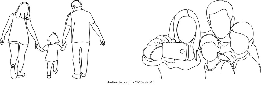 Linear outline illustrations depicting families walking together taking a selfie and enjoying moments