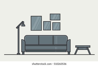 Linear outline living room home interior with furniture sofa couch table lamp. Modern house thin line concept art vector illustration