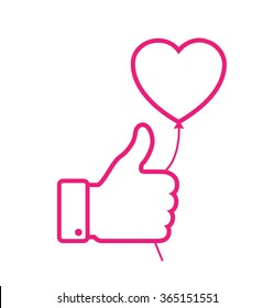 linear Outline Pink thumb up icon with pink heart balloon, love vector illustration. 
Valentine's day card concept. Valentines day icon