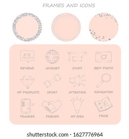Linear outlines of icons for mobile apps or for eternal stories in the color of a silver gradient. Icons are complemented by three powder-colored frames with silver elements.