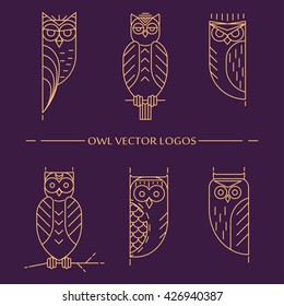 Linear owl logo set. Vector illustration with owl. elements for design, print dress, a company logo, business card