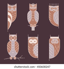Linear owl logo set. Vector illustration with owl. Owl elements for design, print dress, a company logo, for websites, business card