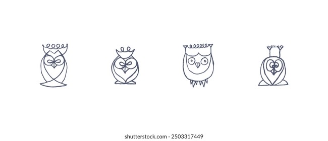 Linear owl totems. Vector cartoon signs of owl in trendy hand drawn style with natural pencil texture. Bird character symbols design. Line art eagle-owl doodles. Flying animal set of icons.