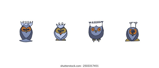 Linear owl totems. Vector cartoon signs of owl in trendy hand drawn style with natural pencil texture. Bird character symbols design. Line art eagle-owl doodles. Flying animal set of icons.