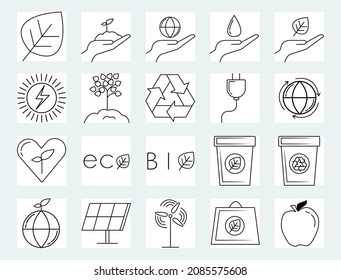 linear pack of eco line icons. linear vector icons set such as eco, eco, vector illustration.Nature and Renewable Energy linear icons. Eco friendly outline vector sign collection.
