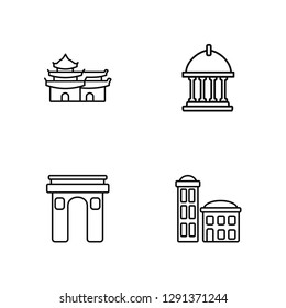 Linear Pagoda, Arc de triomphe, Greece, building Vector Illustration Of 4 outline Icons. Editable Pack Of Pagoda, Arc de triomphe, Greece, building