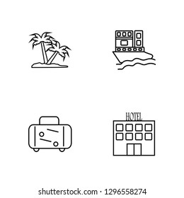 Linear Palm tree, Luggage, Cruise, Hotel Vector Illustration Of 4 outline Icons. Editable Pack Of Palm tree, Luggage, Cruise, Hotel