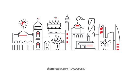 Linear panorama of Bahrain. Vector banner for cards and websites. 