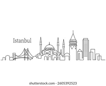 Linear panorama of the city of Istanbul in Turkey. skyscrapers and modern architecture. vector illustration continuous line on a white background
