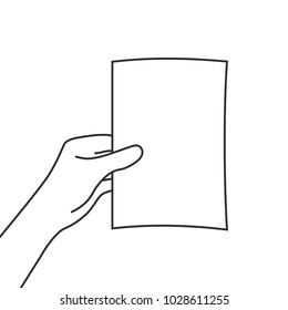 linear paper document in woman hand. contour style trend modern simple graphic thin line art design isolated on white. concept of person watching or showing portfolio or brochure or check list