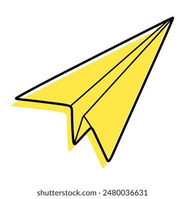 Linear Paper Plane icon with Yellow Color Shape. Outline black contour of Origami art isolated on White background. Aircraft Vector Illustration for Sticker pack, Web Button, Post Message.