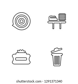 Linear Paper roll, Wipes, Iron, Trash can Vector Illustration Of 4 outline Icons. Editable Pack Of Paper roll, Wipes, Iron, Trash can