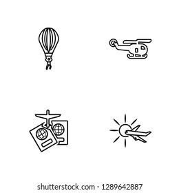 Linear Parachute Open, Two Passports, Helicopter Flying, Sunny Day Vector Illustration Of 4 outline Icons. Editable Pack Of Parachute Open, Two Passports, Helicopter Flying, Sunny Day