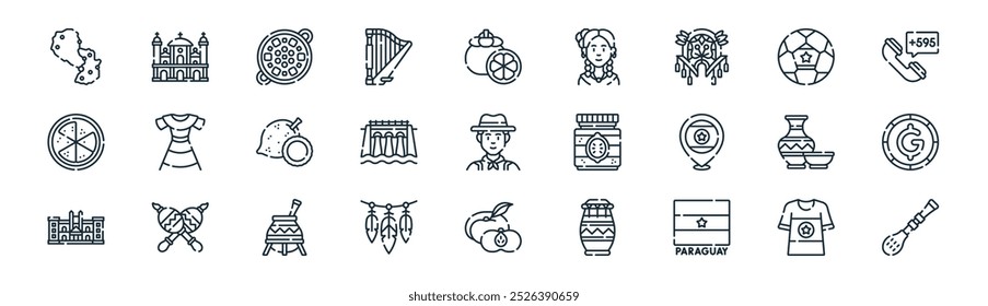 linear paraguay icon pack. vector thin line tshirt, cathedral, locro, ball, dam, guarani, peach, straw icons suitable for apps and websites ui designs