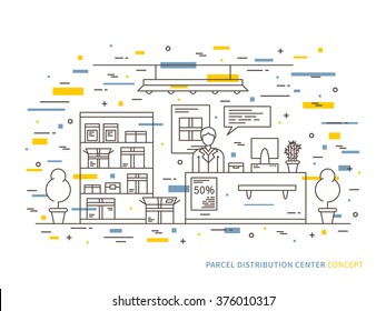 Linear parcel pick-up (online shopping, package claim window) flat minimal outline vector illustration. Graphic design package claim area, parcel pick up center. Parcel service creative concept.