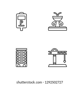 Linear Parking meter, Apartment, Fountain, Tower crane Vector Illustration Of 4 outline Icons. Editable Pack Of Parking meter, Apartment, Fountain, Tower crane