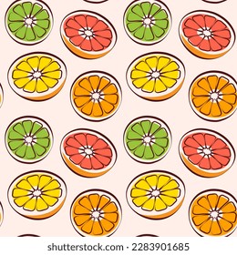 Linear pattern background of citrus fruits, grapefruit, lime and orange slices, seamless vector pattern, wallpaper, packaging, fabric print.