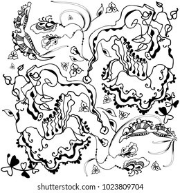 A linear pattern with a carnival and card motifs: two jokers, masks, feathers and flowers