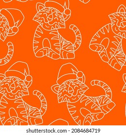 Linear pattern Christmas tiger on a orange color background